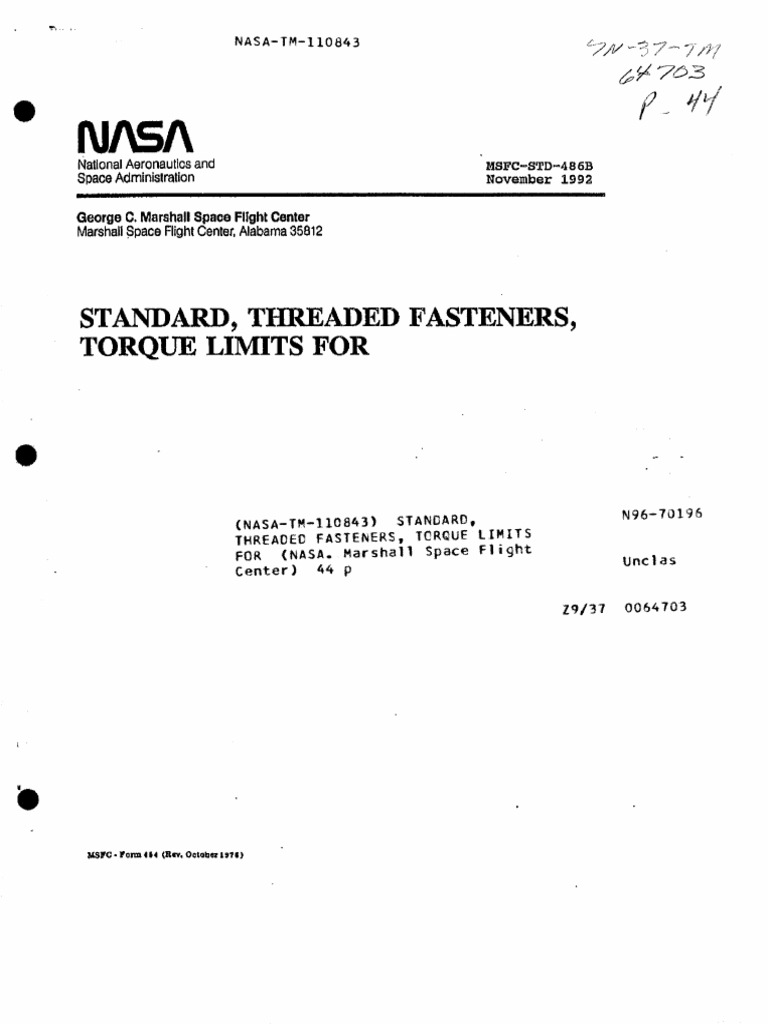 NASA Standard Torque Limits For Threaded Fasteners PDF PDF Nut