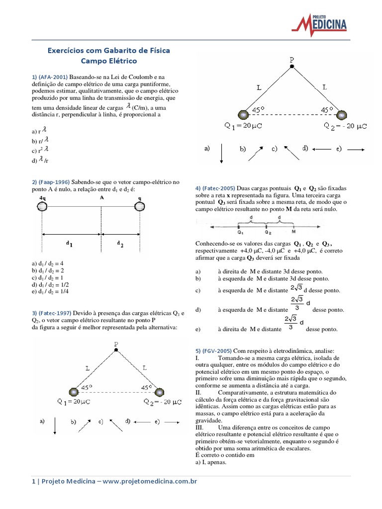 Fisica Eletrostatica Campo Eletrico Exercicios PDF | PDF | Carga ...