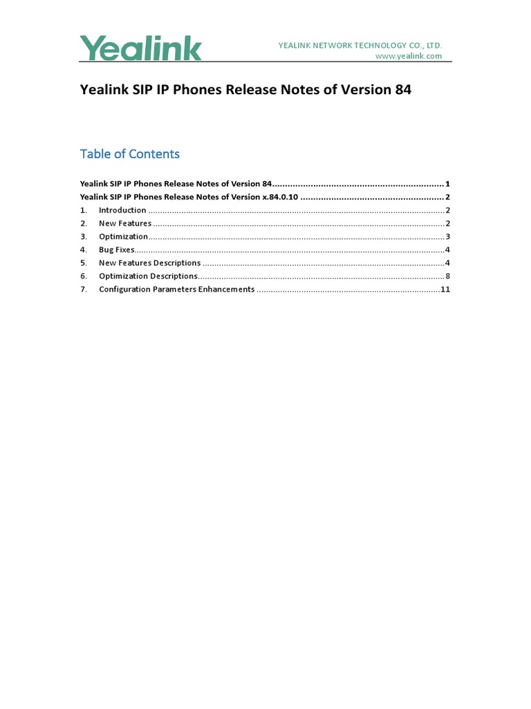 Yealink SIP Phones Release Notes of Version V84 | PDF | Session ...