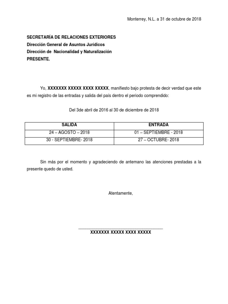 Modelo de Carta Bajo Protesta Decir Verdad (Entradas y Salidas Del País ...
