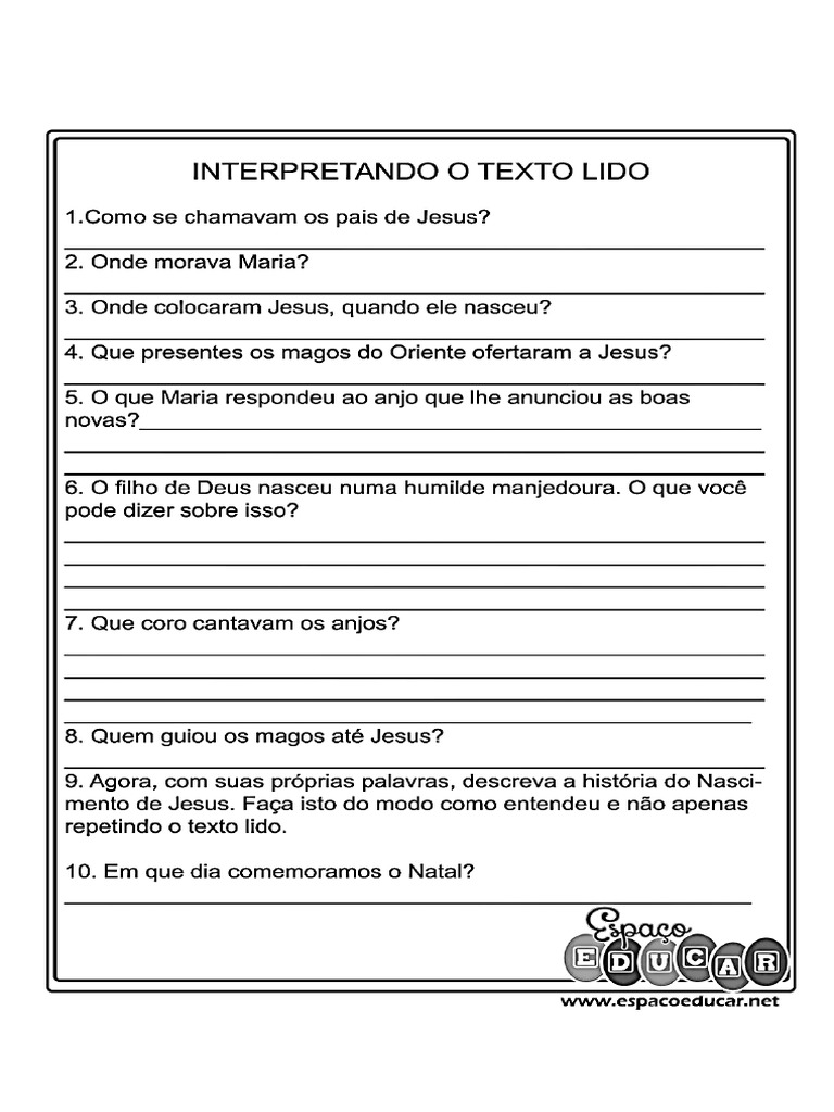 Atividades de Interpretação Sobre o Texto Do Nascimento de Jesus | PDF