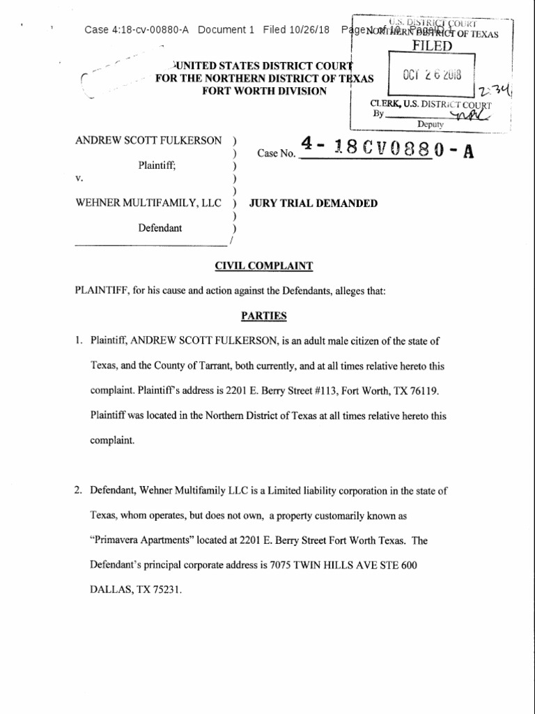 Federal Complaint Fulkerson v Wehner Multifamily LLC No 4:18 Cv 880 A
