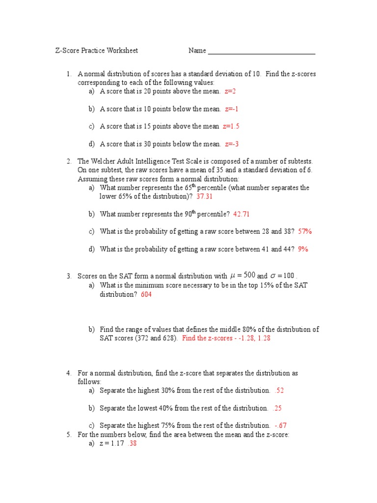 Z-Score Worksheet Solutions | PDF | Standard Score | Percentile