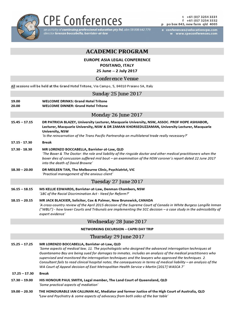 CPE Conferences' agenda of the Europe Asia Legal Conference Mediation