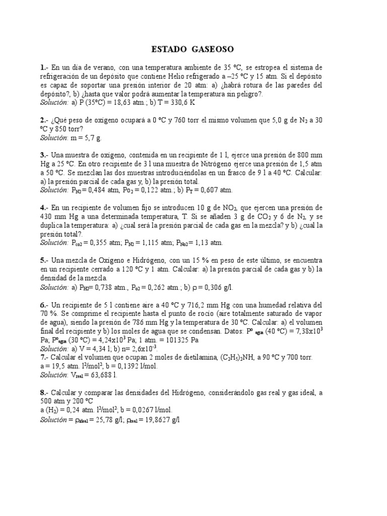 Problemas de Gases: Soluciones y Cálculos | PDF | Gases | Humedad