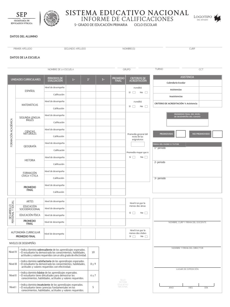 Boleta de Calificaciones 5° Primaria 2024 | PDF | Educación primaria
