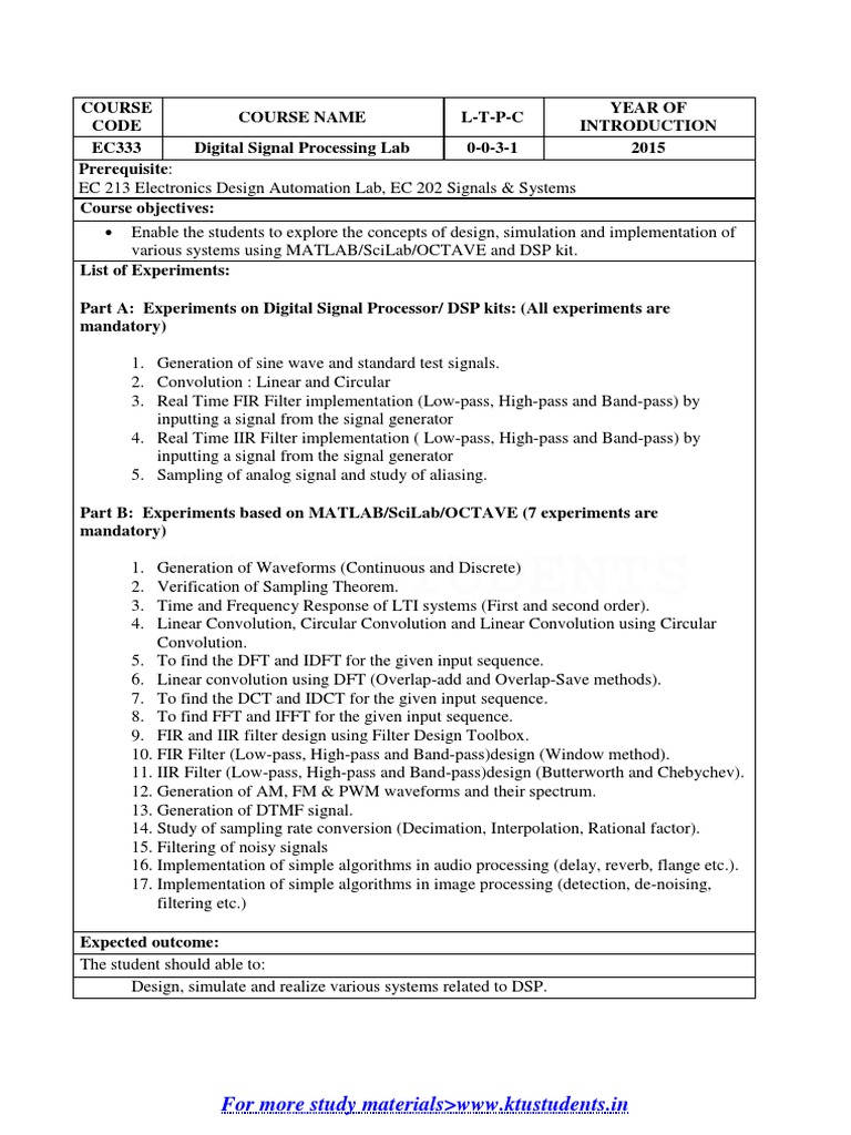 DSD Syllabus Ktu PDF Digital Signal Processing Low Pass Filter
