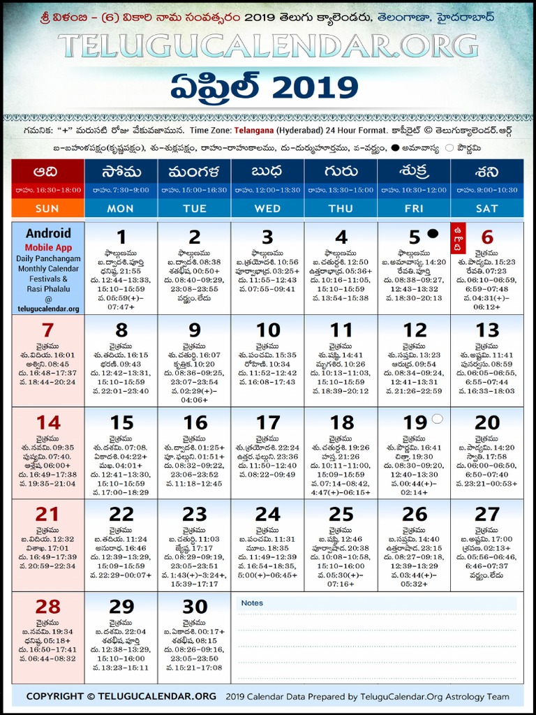 Telangana Telugu Calendar 2019 April Telangana Telugu Calendar 2019 April