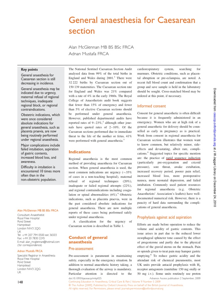 General Anesthesia for Csection Anesthesia Caesarean Section