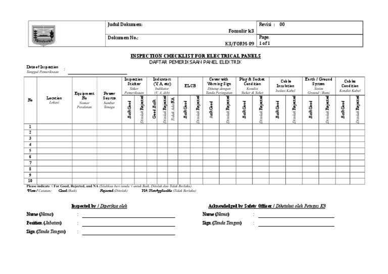 Formulir Inspeksi Checklist Panel Listrik Pdf