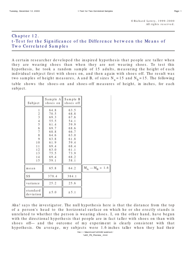 T-Test For The Significance of The Difference Between The Means of | PDF