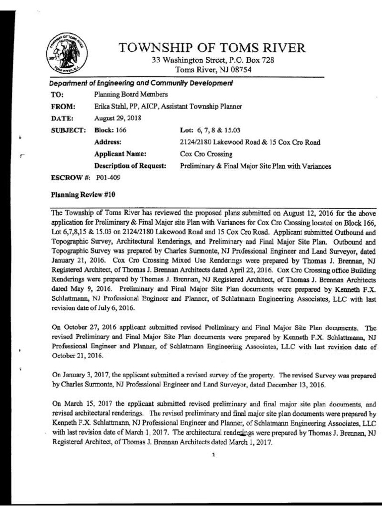 Toms River Planning Board Cox Cro Crossing 12/5/2018 6pm Meeting PDF