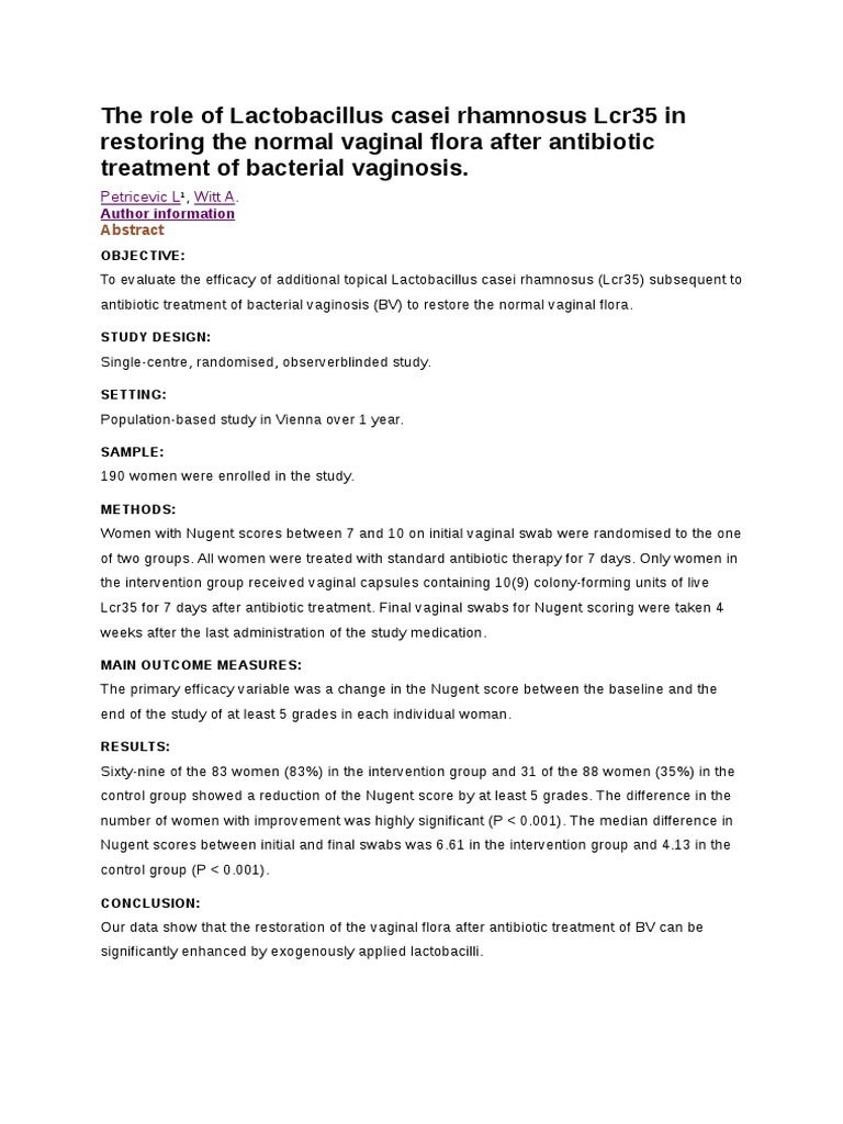 The Role of Lactobacillus Casei Rhamnosus Lcr35 in Restoring The Normal Vaginal Flora After