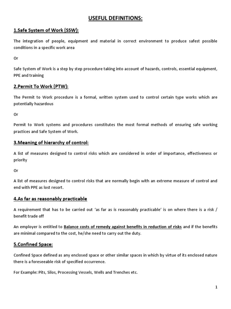 Useful Definitions 1.safe System of Work (SSW) PDF Safety Risk