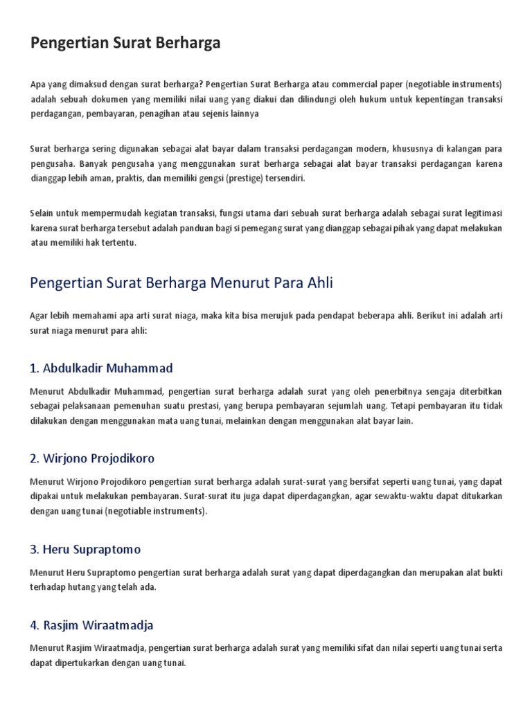 Pengertian Surat Berharga Menurut Ahli Dan Jenis Jenis Surat Berharga Pdf
