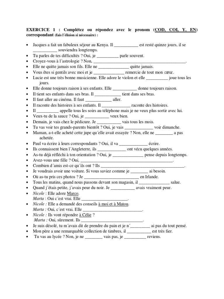 Les Pronoms Personnels Cod Et Coi Exercices Pdf Exercices - Pronoms Compléments Et Pronoms Relatifs | PDF | Pronom