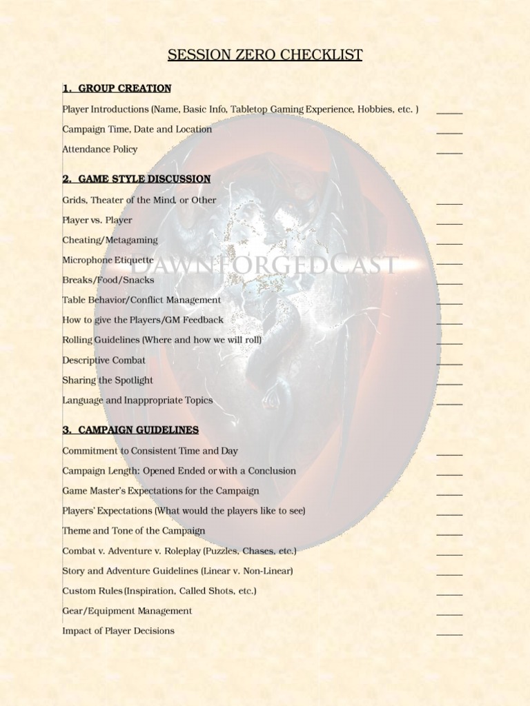 Session zero checklist for dungeons and dragons pdf