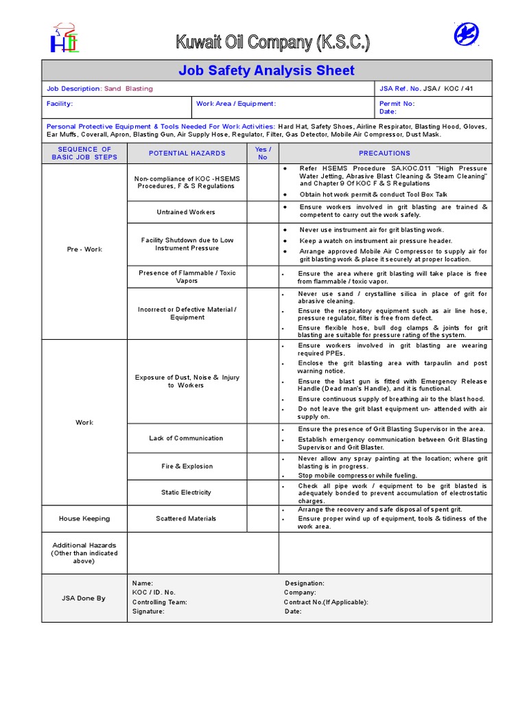 Job Safety Analysis Sheet Sand Blasting PDF