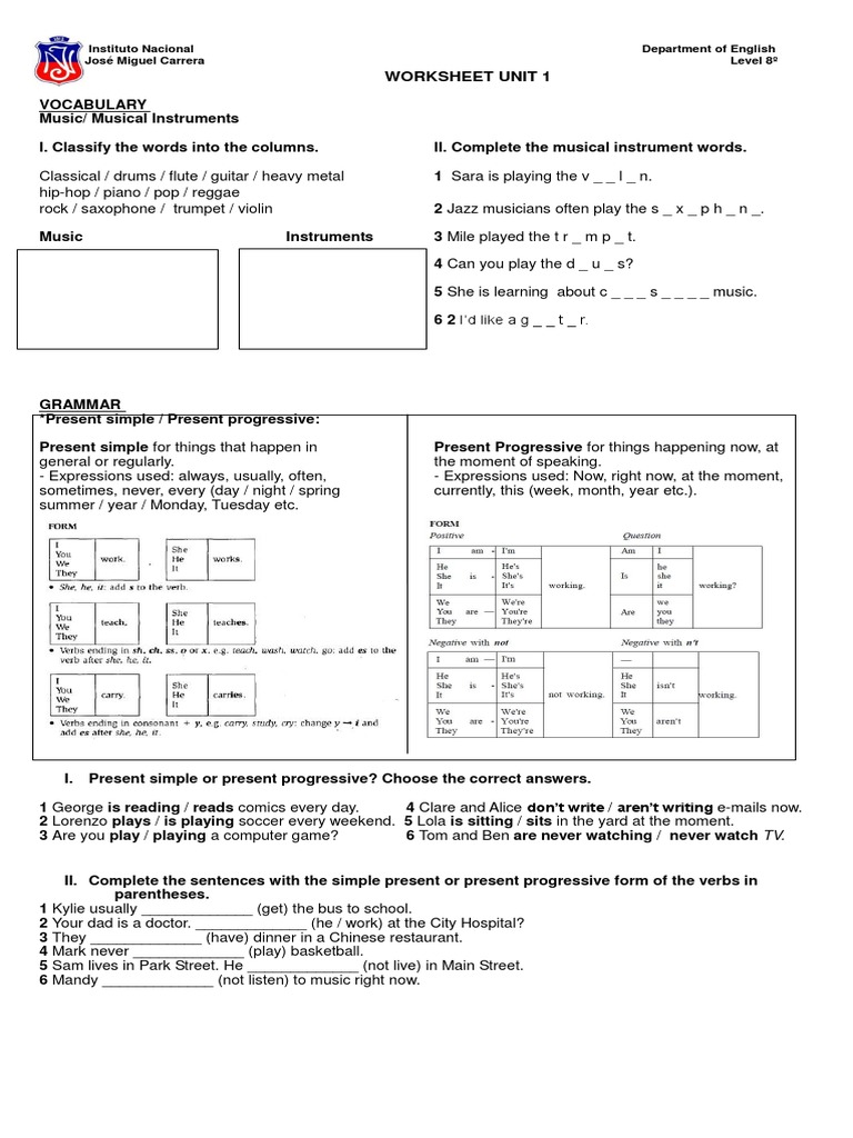 Music Vocabulary and Grammar Worksheet | PDF | Musical Instruments ...