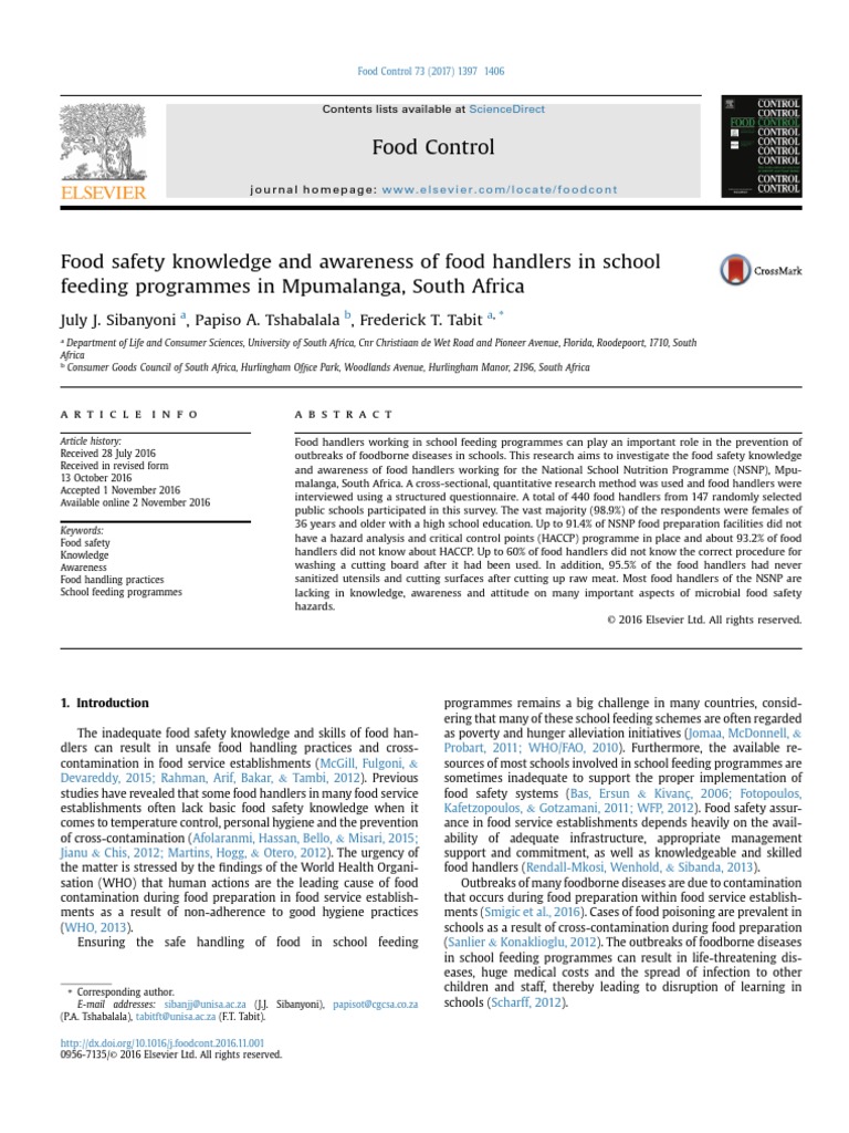 Food Safety Knowledge and Awareness of Food Handlers in School Feeding ...