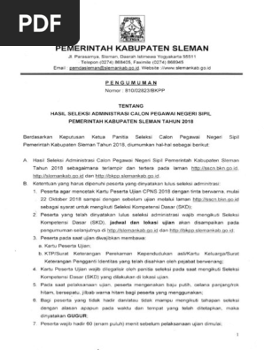 Pengumuman Seleksi Adm Cpns Sleman 2018