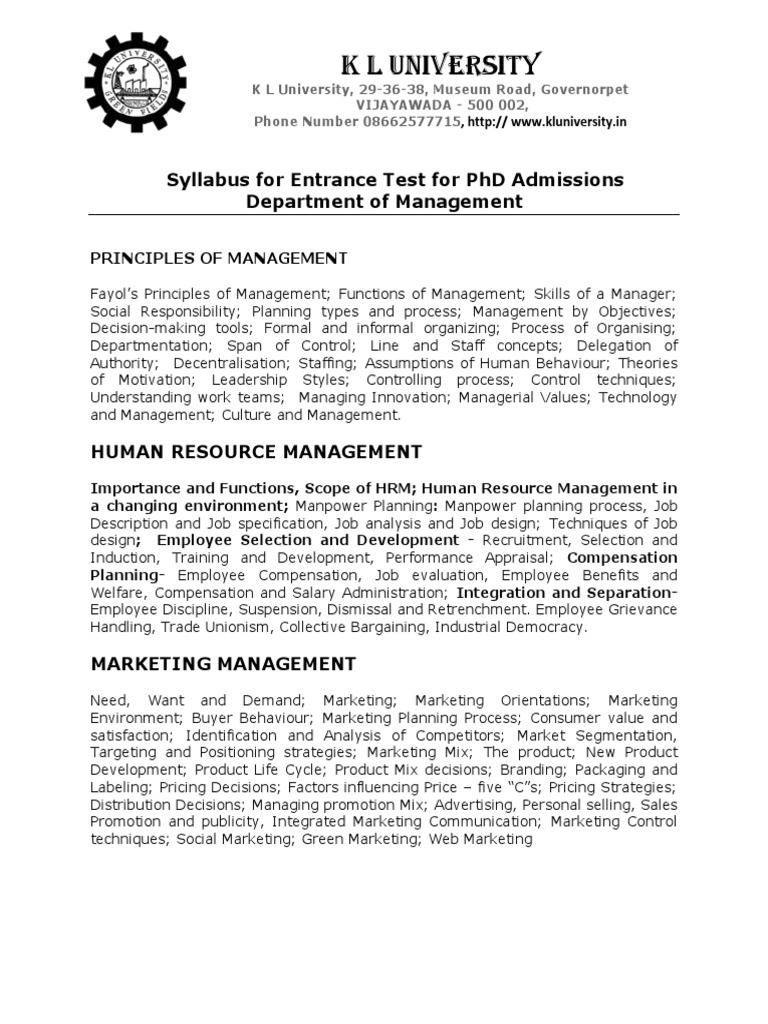 KL University Management PHD Syllabus | PDF | Strategic Management ...