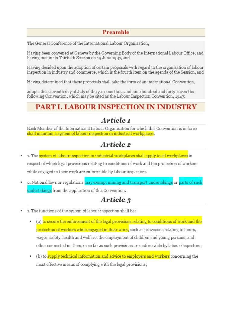 Part I. Labour Inspection in Industry: Article 1 Article 2 | PDF ...