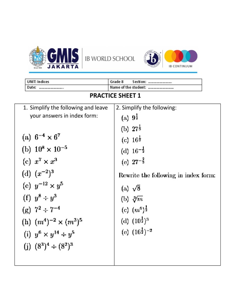 Worksheet Indices PDF