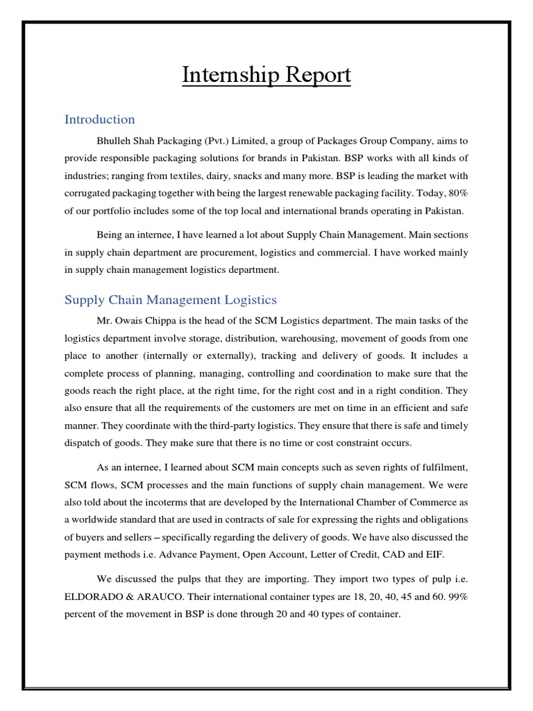 Internship Report PDF Supply Chain Management Logistics