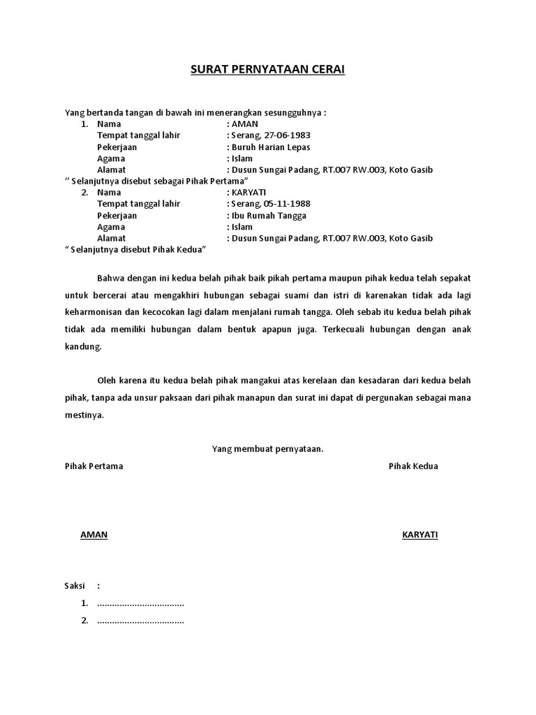 Surat Pernyataan Cerai