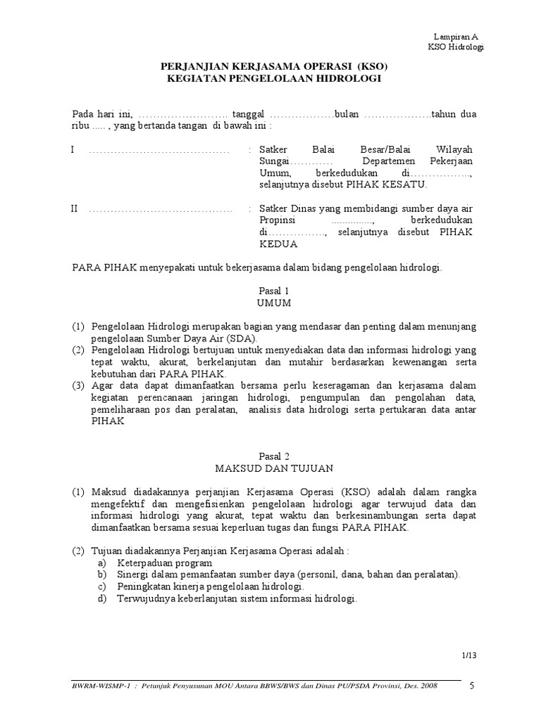 Contoh Perjanjian Kerjasama Operasi (KSO) Hidrologi | PDF