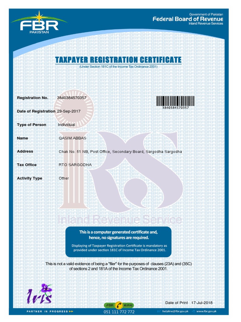 TaxPayer Registration Certificate