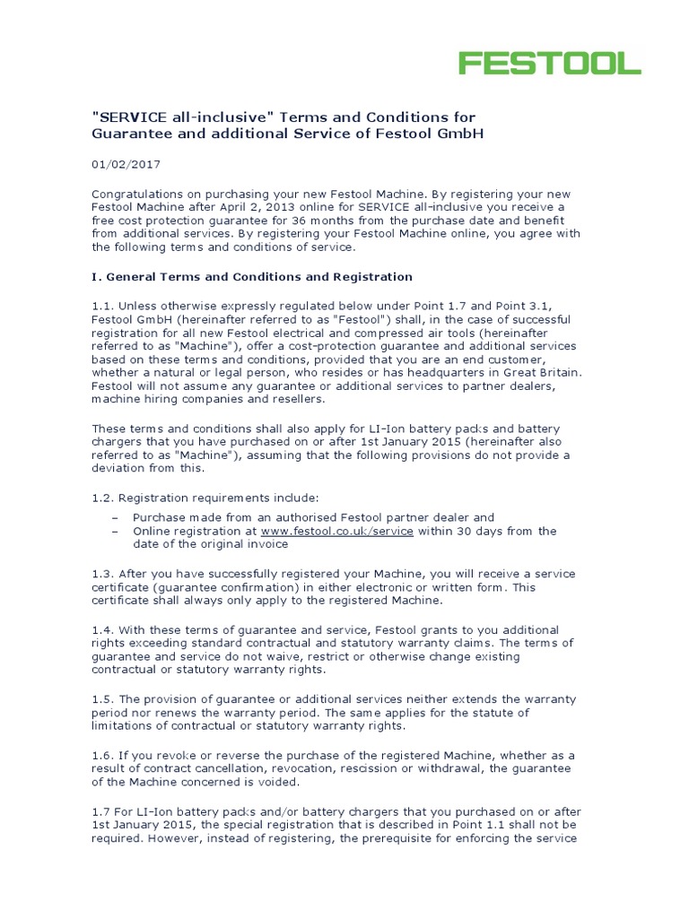 Festool SERVICE All-Inclusive Terms | PDF | Guarantee | Contractual Term