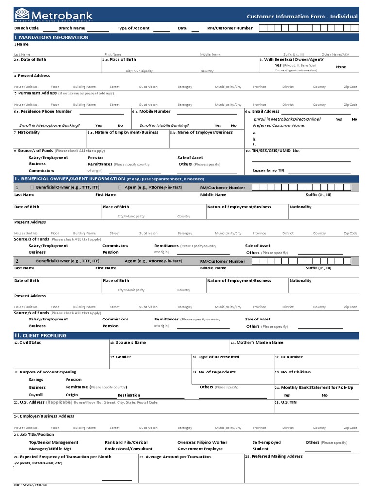 Metrobank Customer Information Form | PDF | Debit Card | Deposit Account