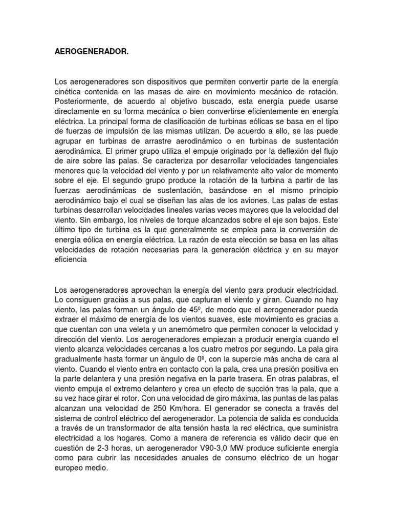 Funcionamiento y Tipos de Aerogeneradores | PDF | Turbina eólica | Herida