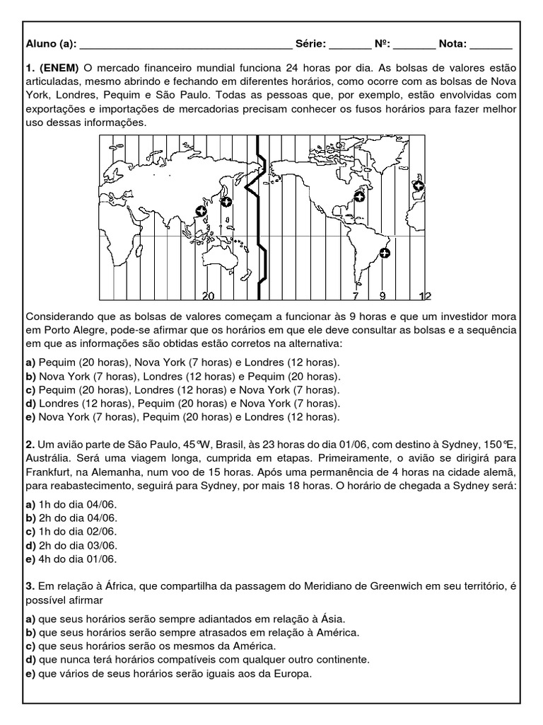 Atividades sobre Fusos Horários 6º Ano | PDF | Horário de verão | Longitude