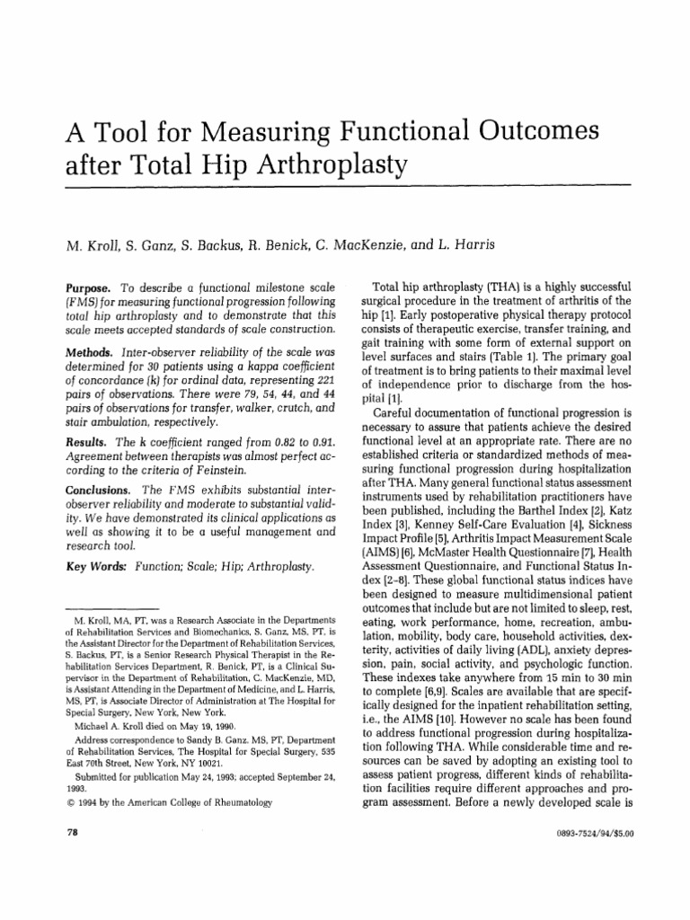 Tool For Measuring Functional After Total Hip Arthroplasty
