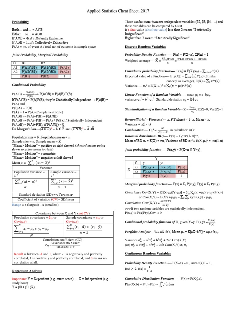 Stats Cheat Sheet Coefficient Of Variation Variance