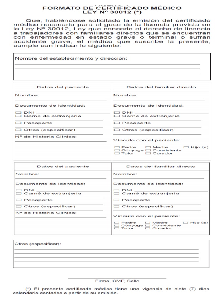 FORMATO DE CERTIFICADO MEDICO LEY N° 30012