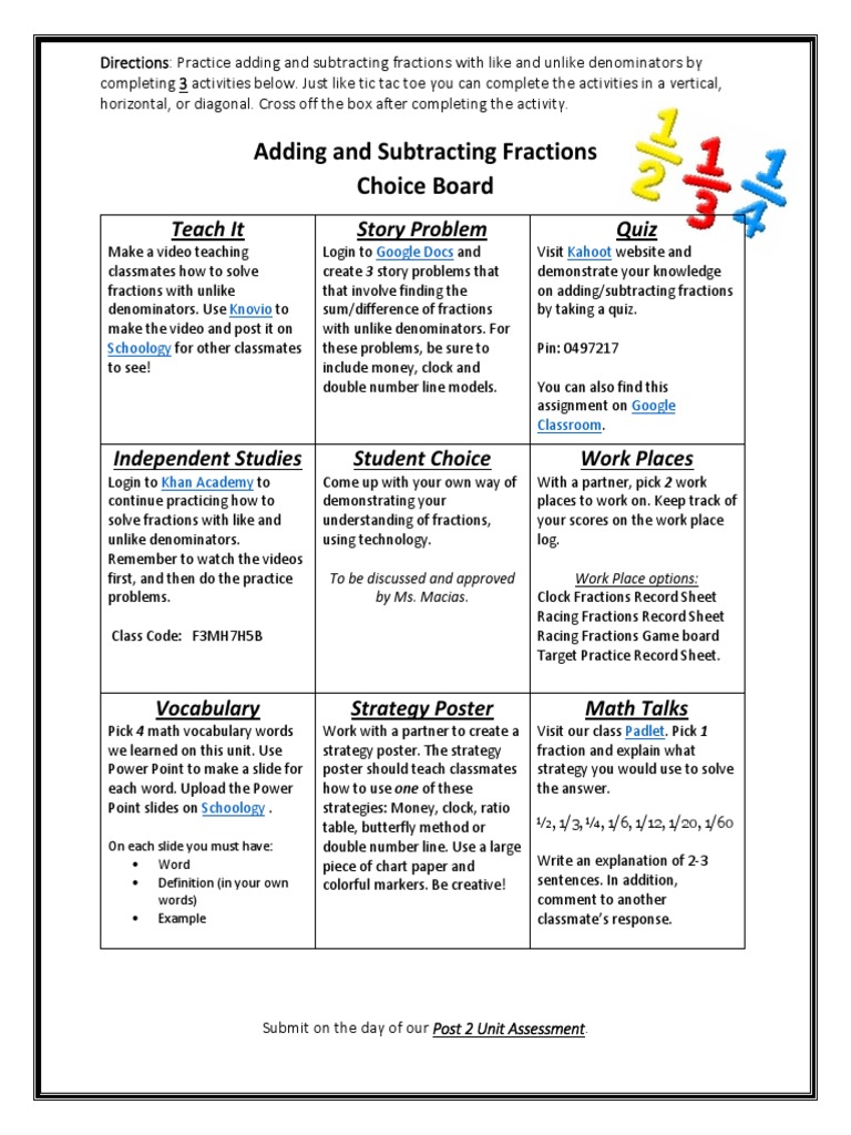 Adding and Subtracting Fractions Choiceboard | PDF | Fraction (Mathematics)  | Pedagogy