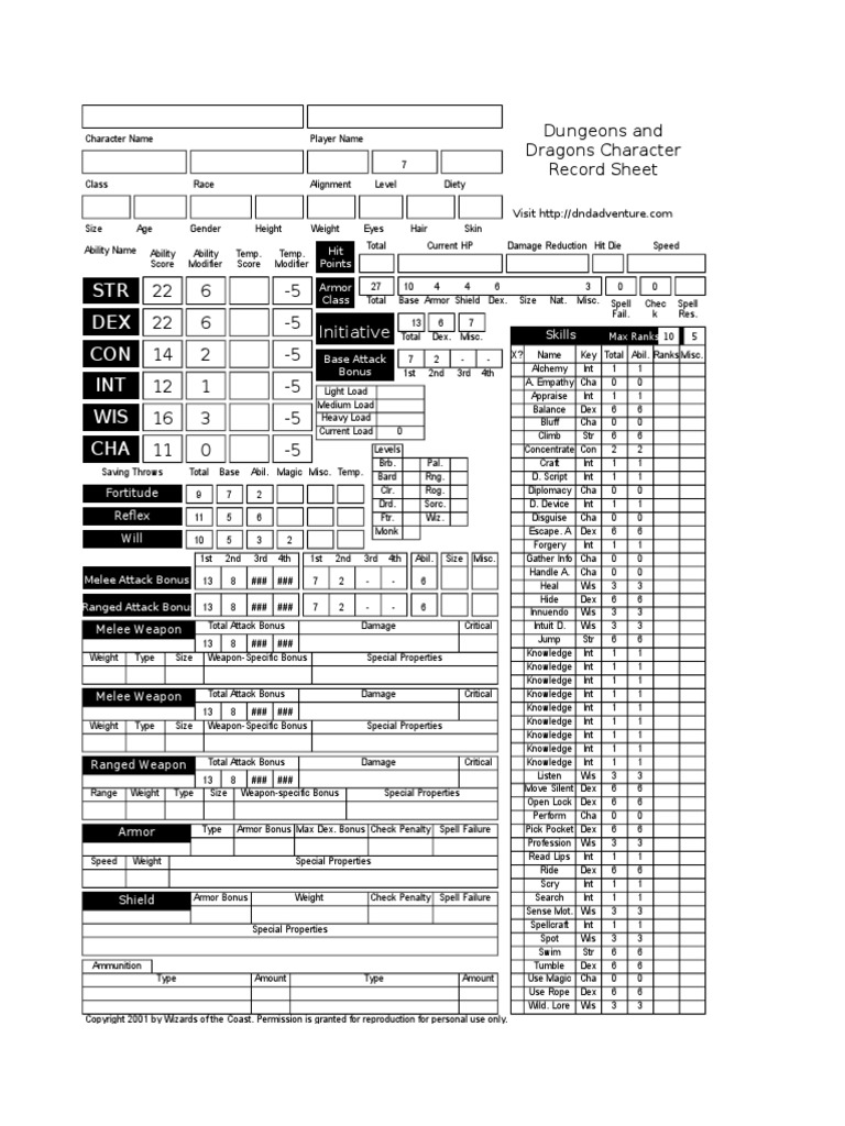 STR DEX CON INT WIS CHA: Dungeons and Dragons Character Record Sheet ...