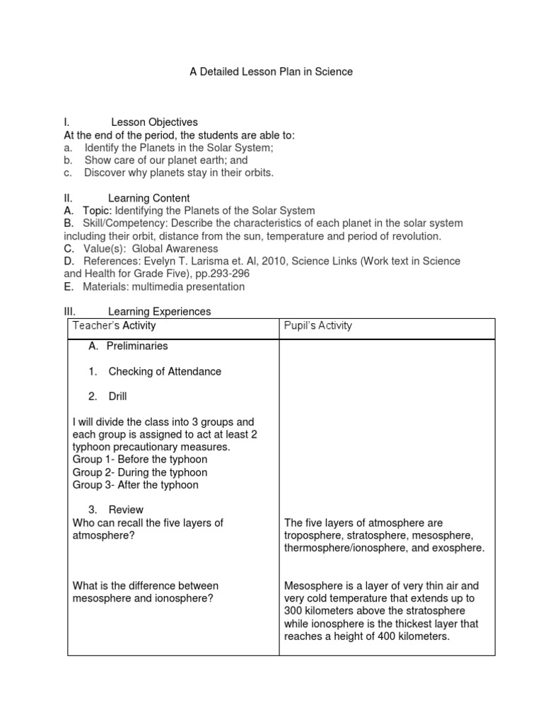 Detailed Lesson Plan Science Docx Solar System Planets