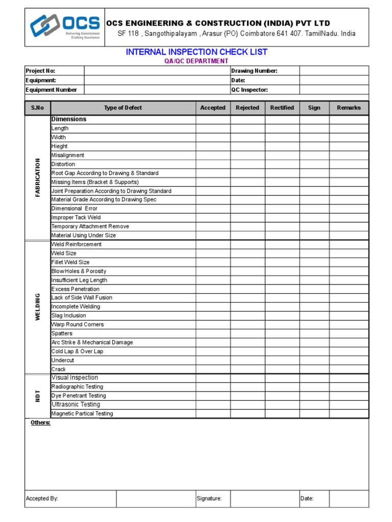 Internal Inspection Check List Ocs Engineering & Construction (India