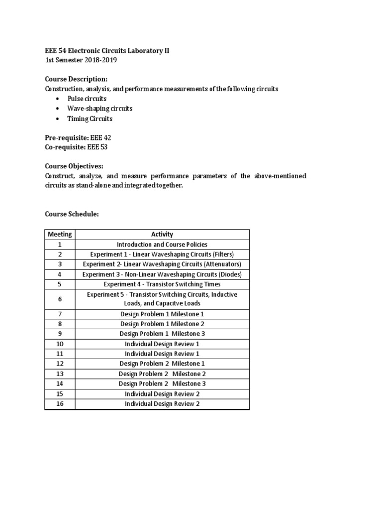 EEE 54 Course Syllabus AY1819 1st Sem PDF Electronic Circuits
