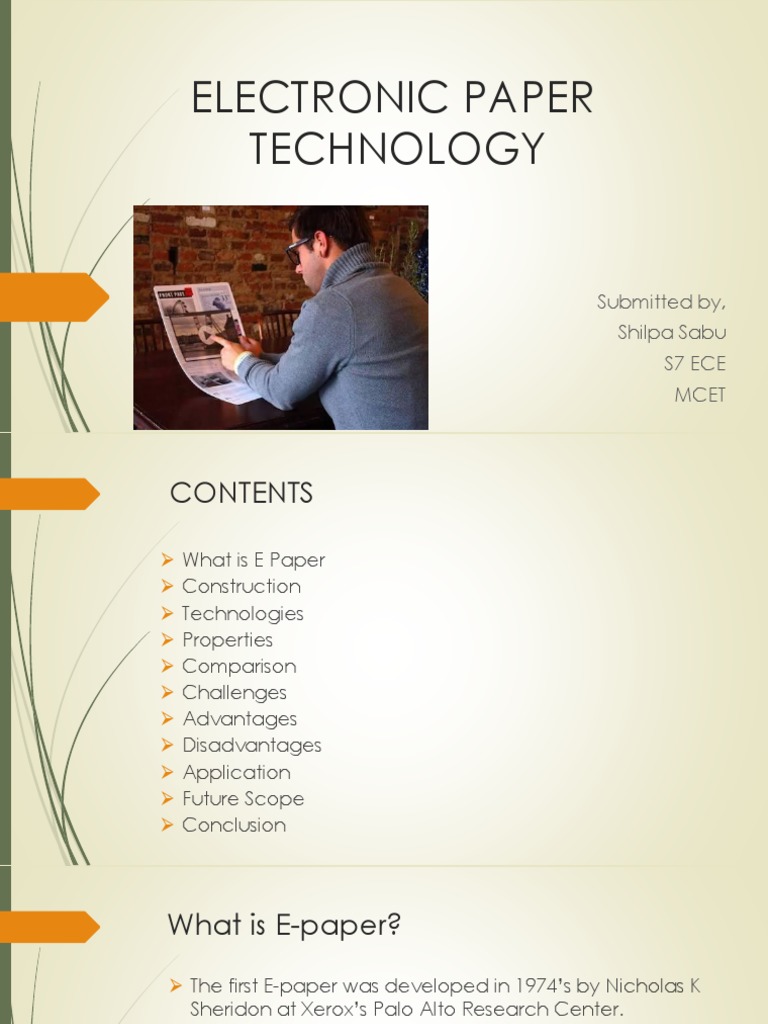Electronic Paper Technology: Submitted By, Shilpa Sabu S7 Ece Mcet ...