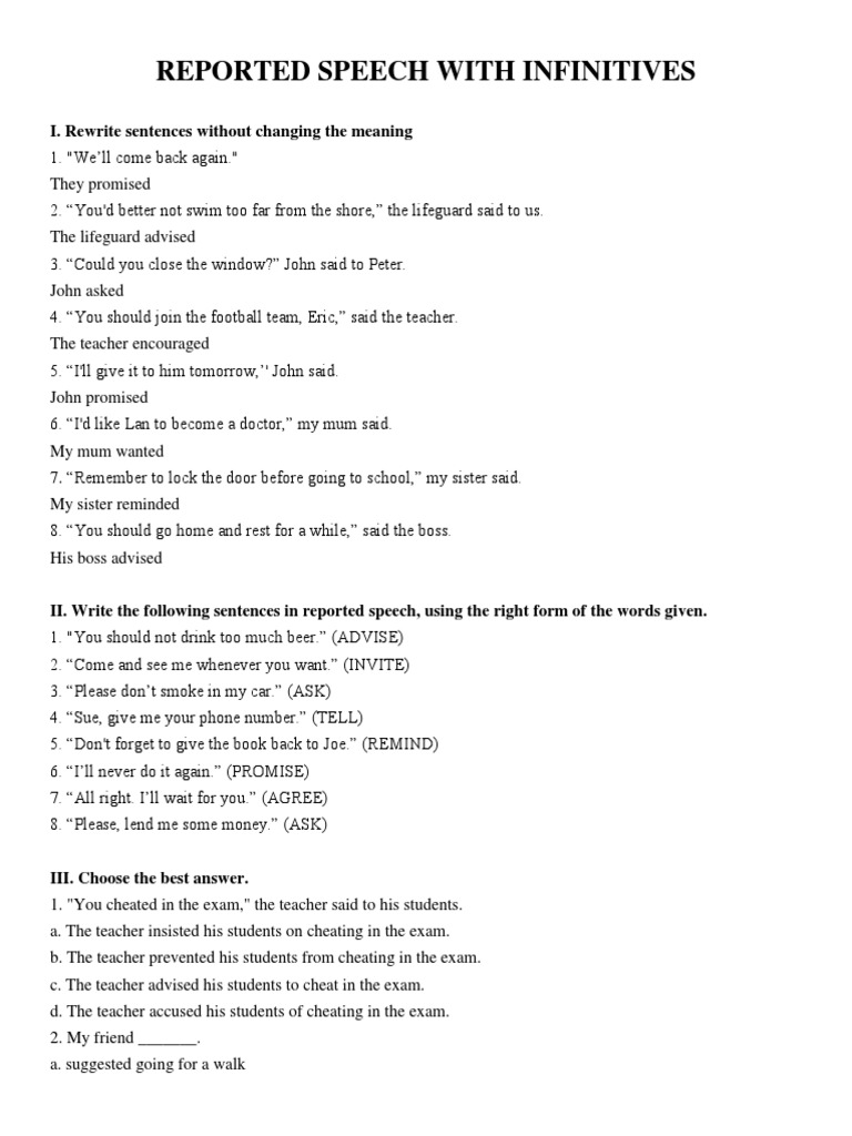 Reported Speech with Infinitives Guide | PDF