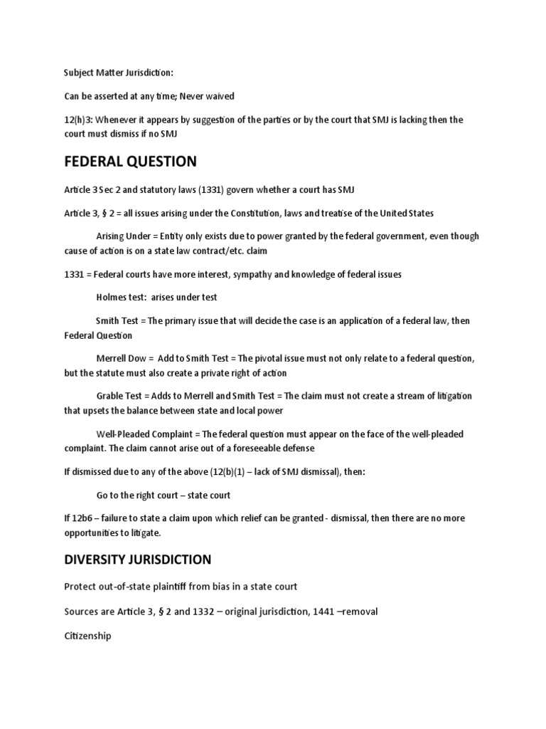 Federal Question: Diversity Jurisdiction | PDF | Diversity Jurisdiction ...