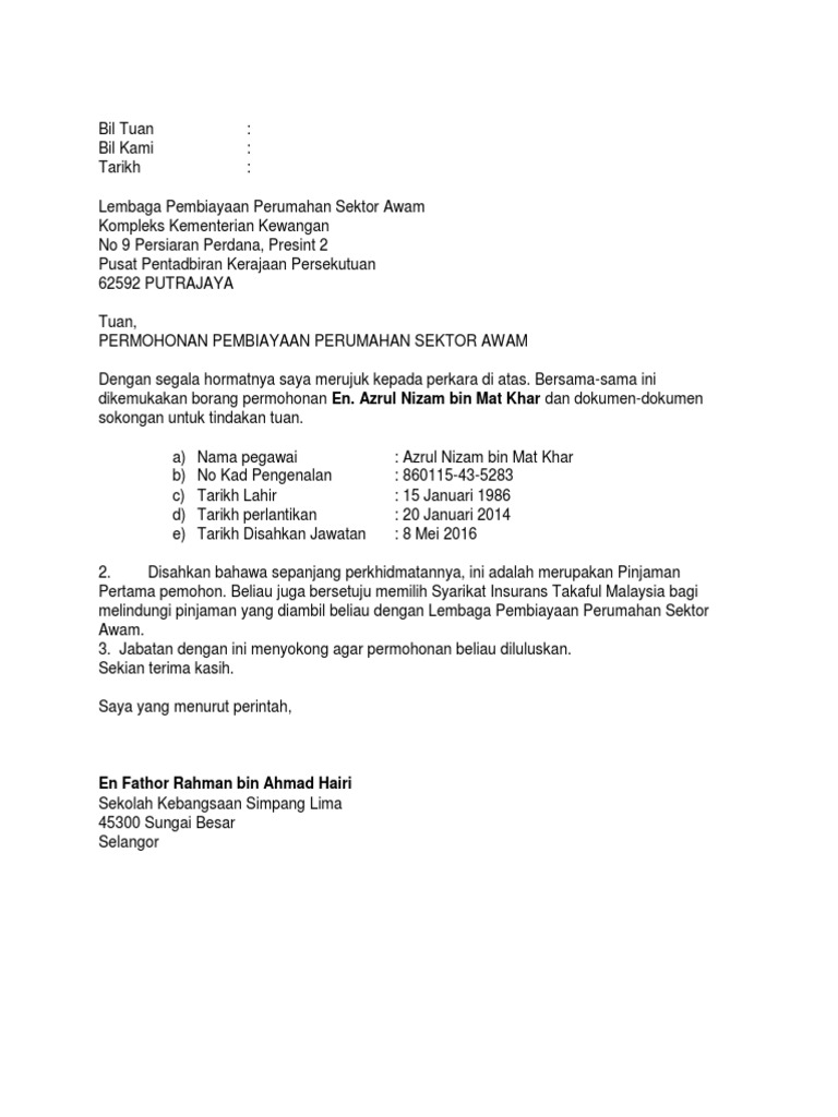 Contoh Surat Iringan Permohonan Pinjaman Perumahan