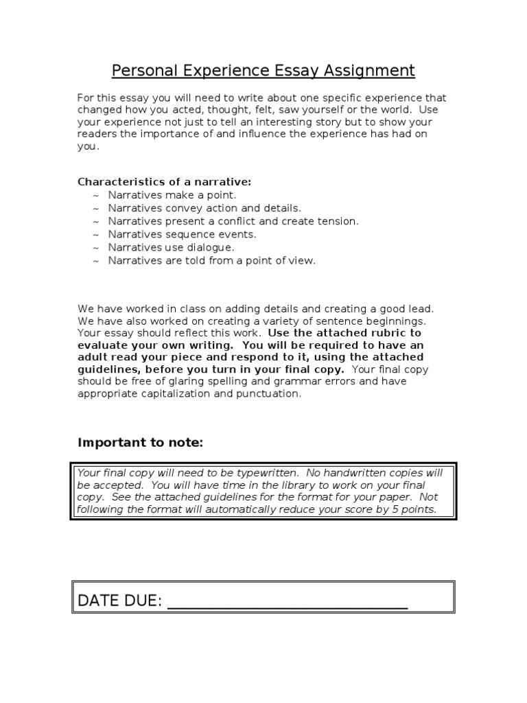 Personal narrative essay assignment unique