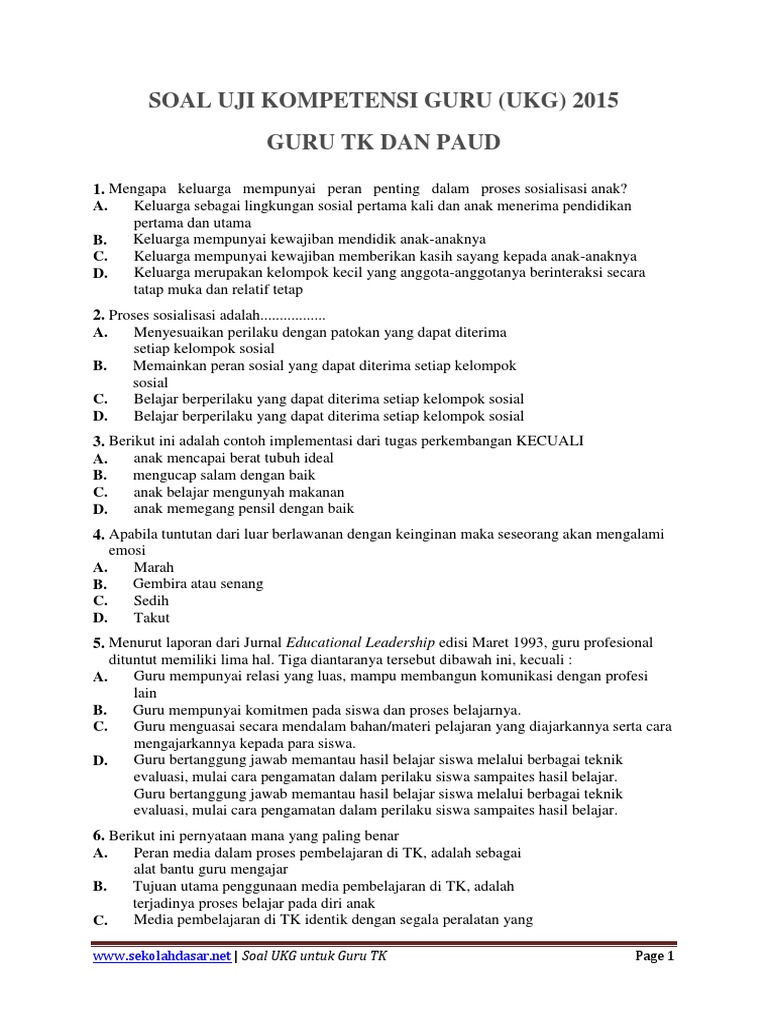 Contoh Soal Kompetensi Pedagogik Guru Tk Seputaran Guru